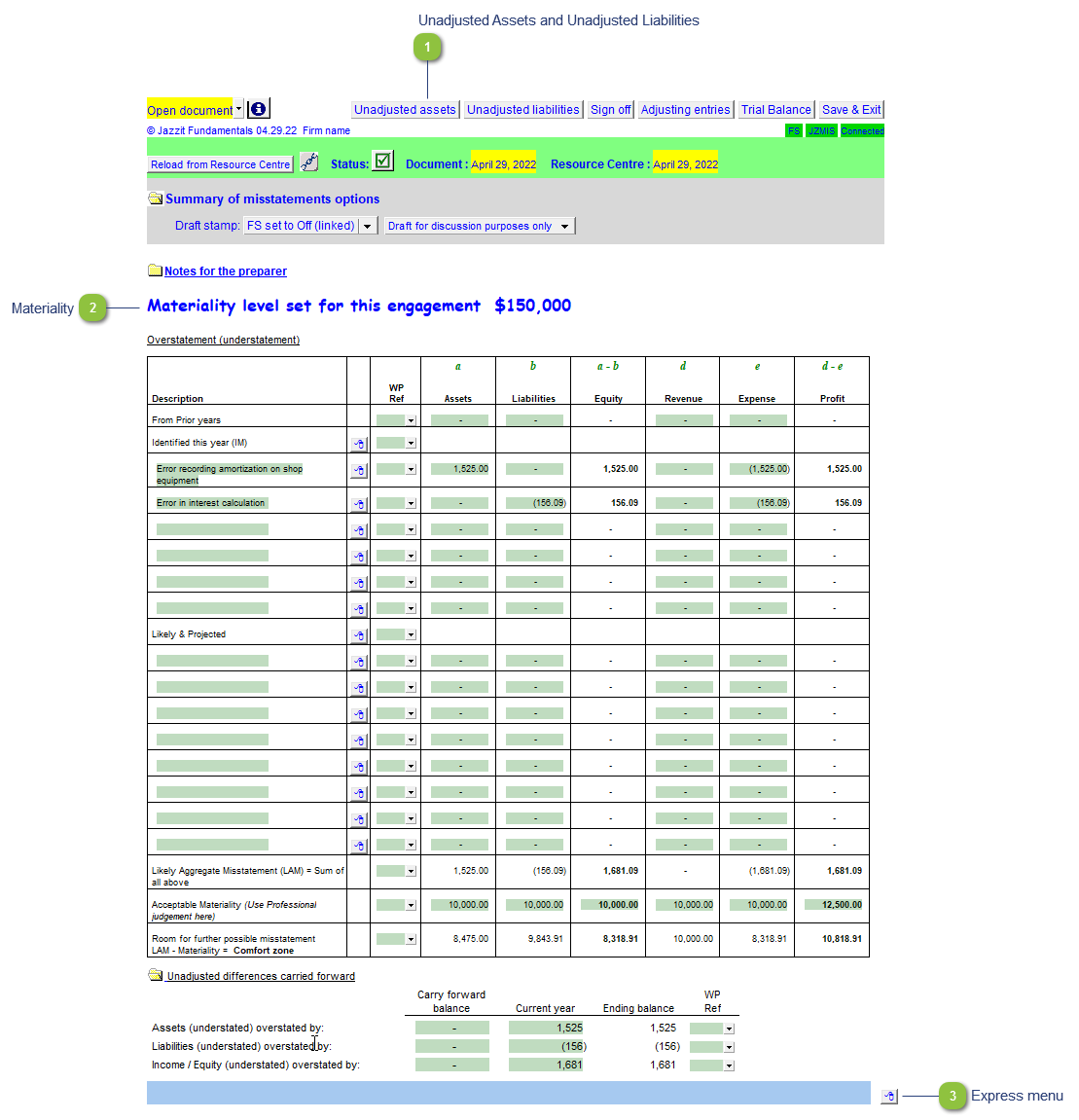 Summary of misstatements (JZMIS) 